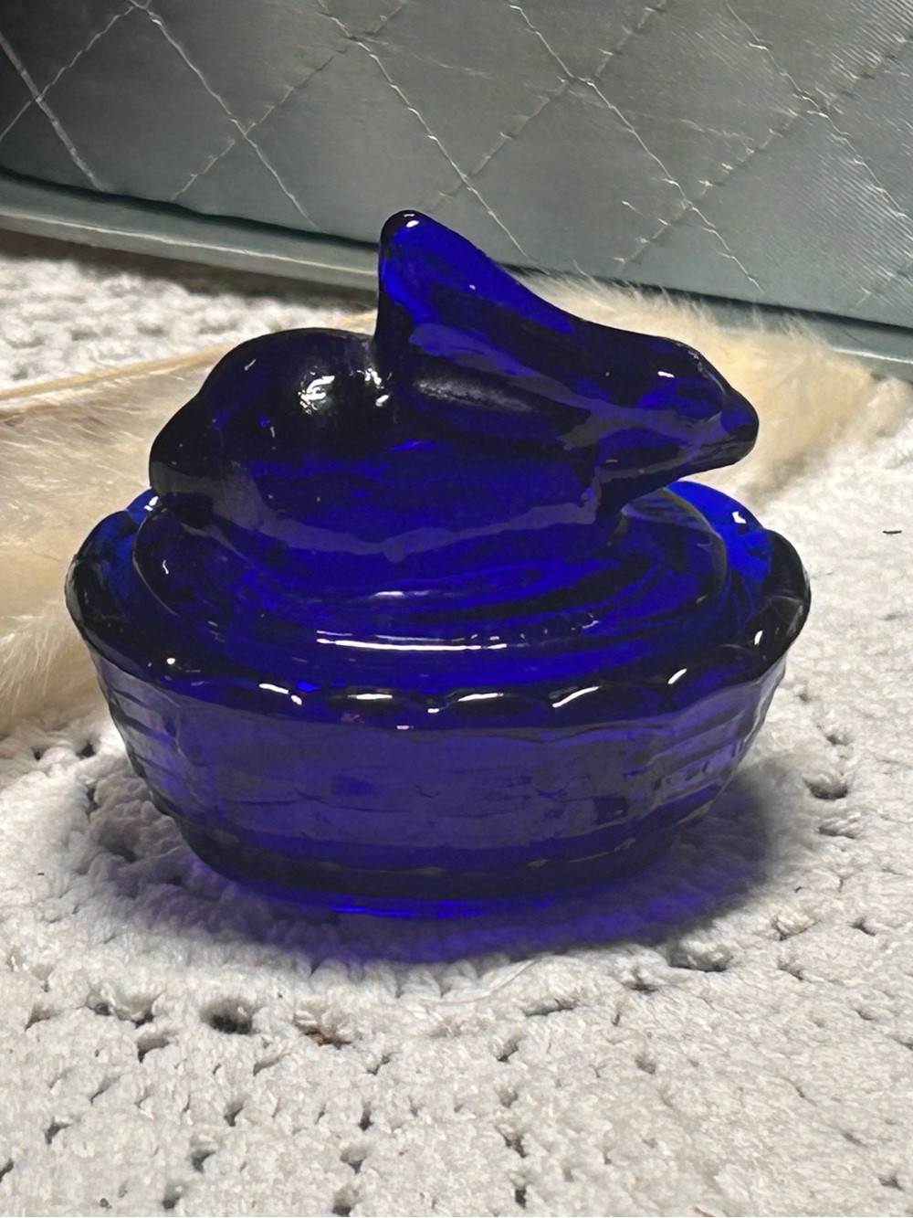 Vintage Cobalt Blue Glass Bunny on Nest Open Salt Cellar | Mini Rabbit Trinket